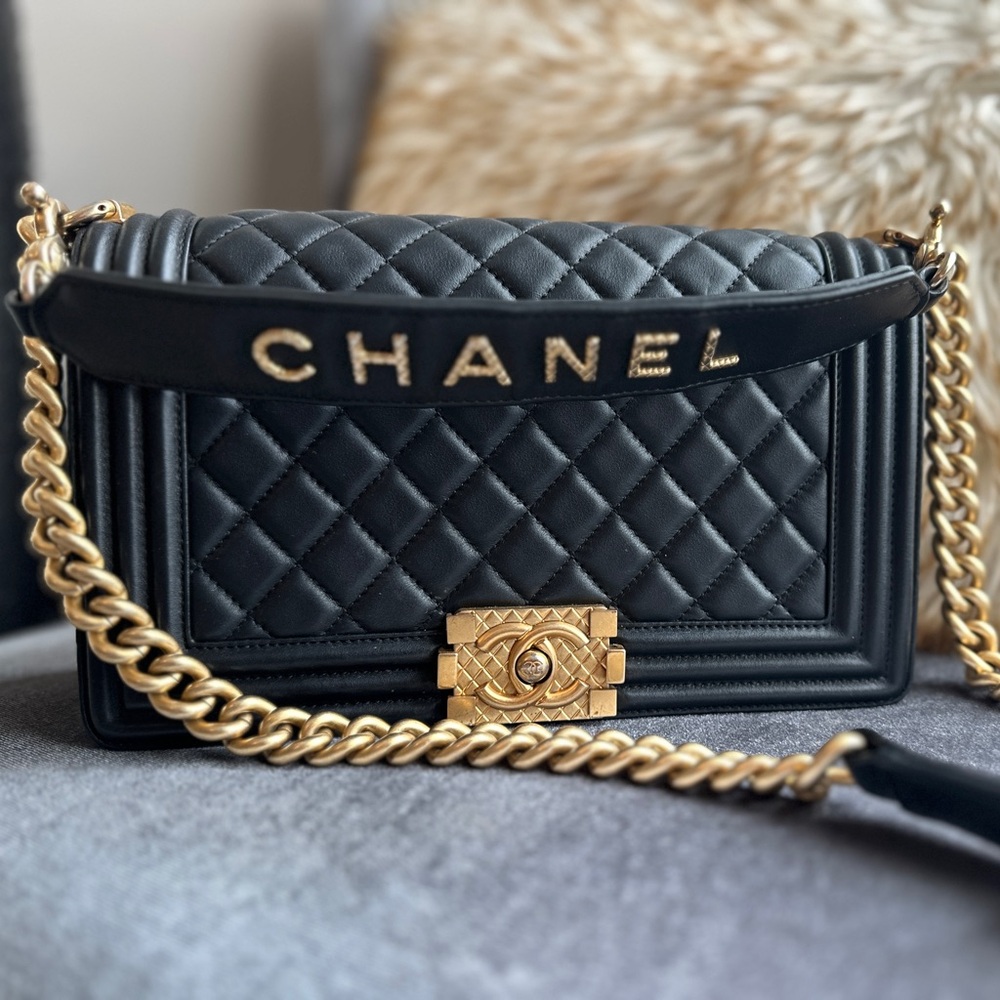 CHANEL QUILTED CALFSKIN MEDIUM BOY LOGO TOP HANDLE FLAP BAG BLACK